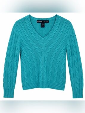 Ralph Lauren Black Label Women’s M 100% Cashmere Cable Knit V Neck Sweater